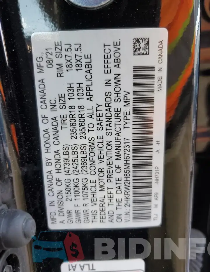 2HKRW2H85MH672317 Photo# 13