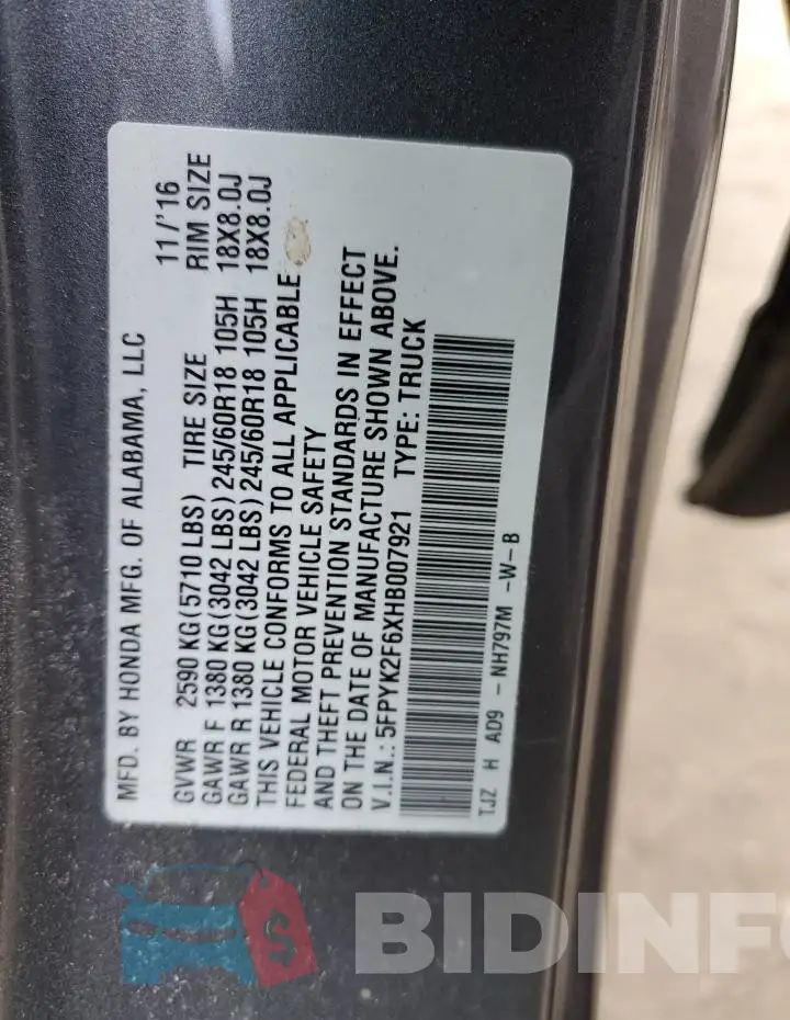 5FPYK2F6XHB007921 Photo# 12
