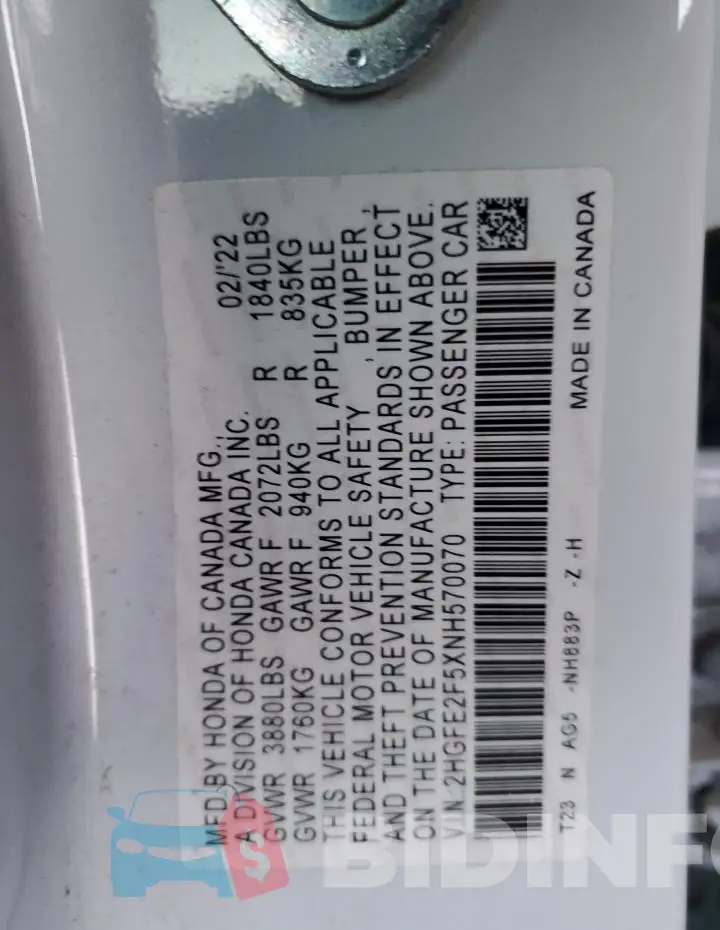 2HGFE2F5XNH570070 Photo# 12