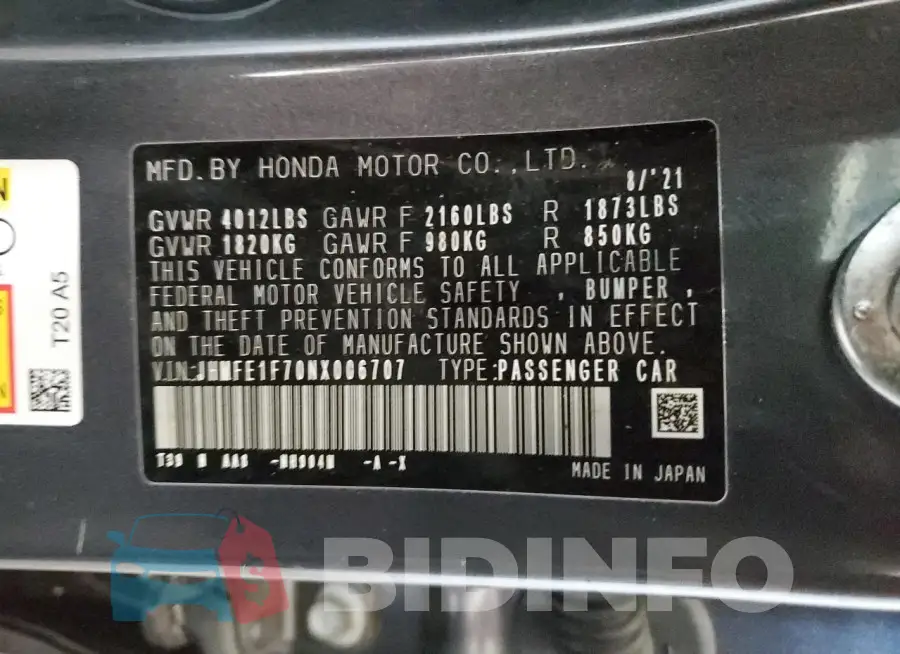 JHMFE1F70NX006707 Photo# 12