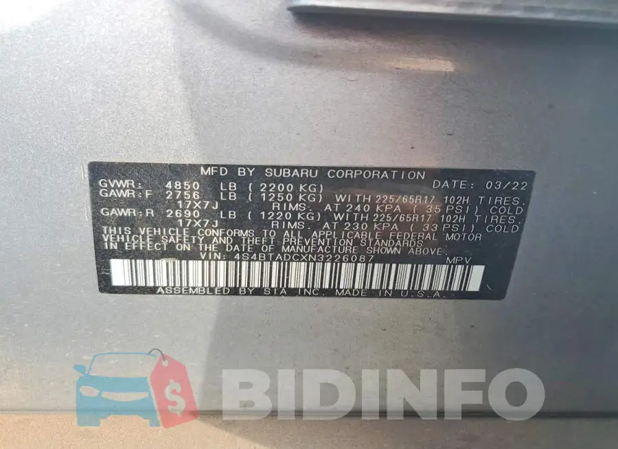 4S4BTADCXN3226087 Photo# 13