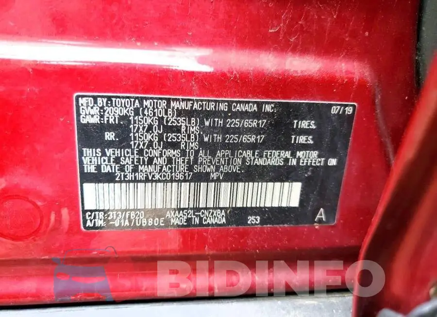 2T3H1RFV3KC019617 Photo# 13