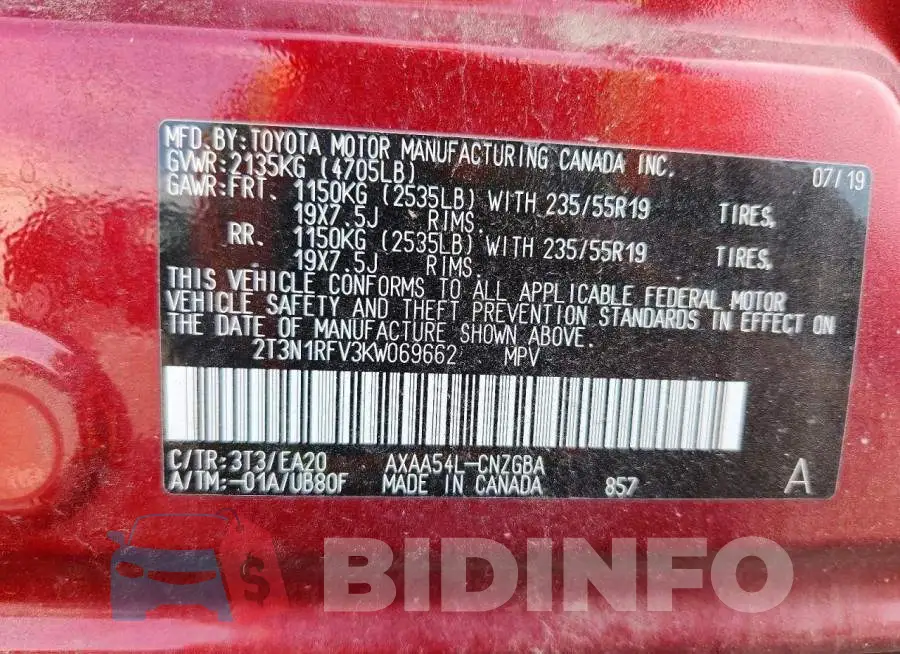 2T3N1RFV3KW069662 Photo# 13