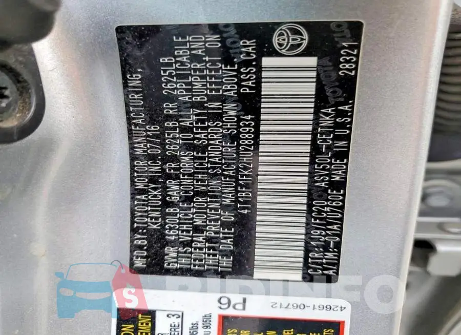 4T1BF1FK2HU288934 Photo# 12