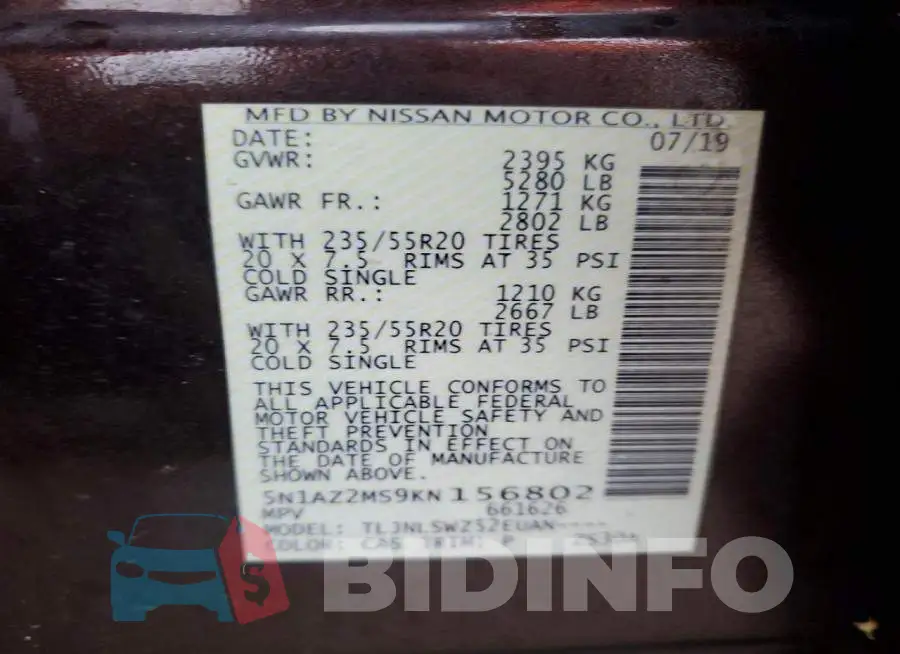 5N1AZ2MS9KN156802 Photo# 14