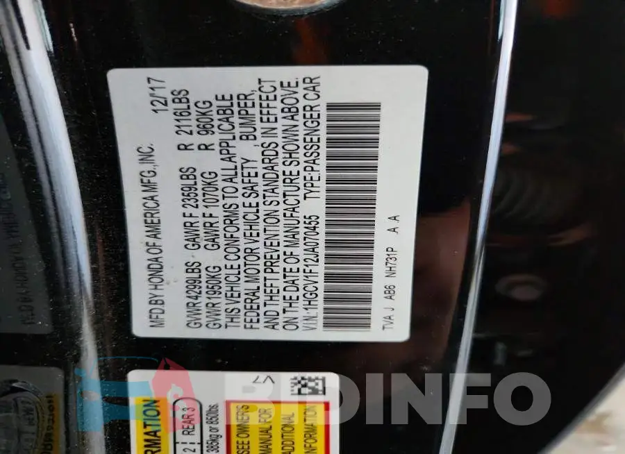 1HGCV1F12JA070455 Photo# 12
