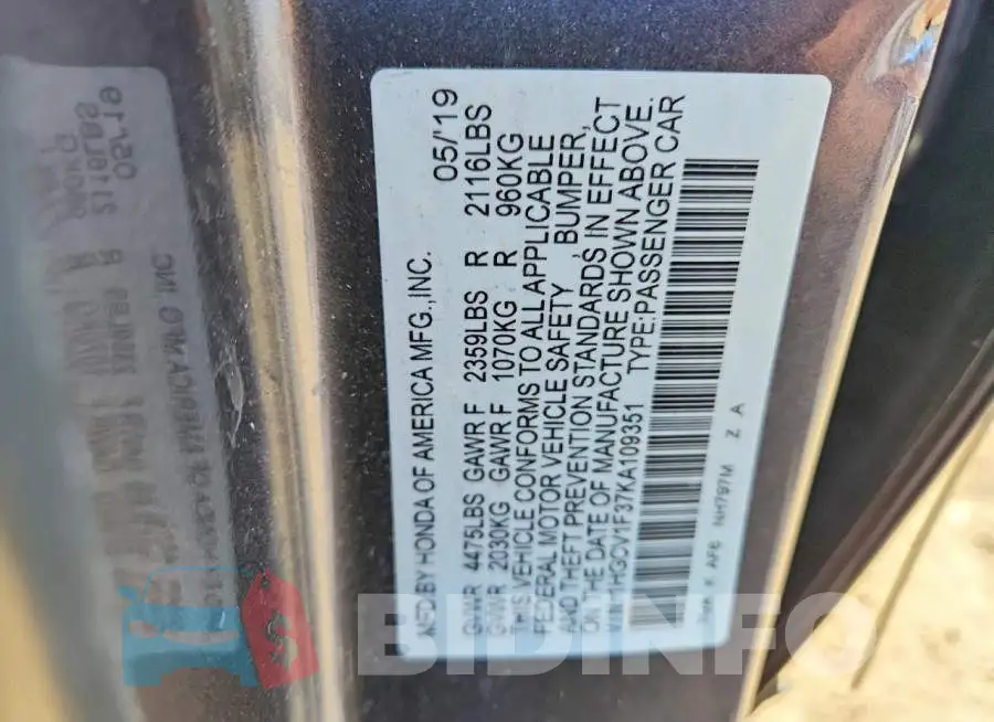 1HGCV1F37KA109351 Photo# 12