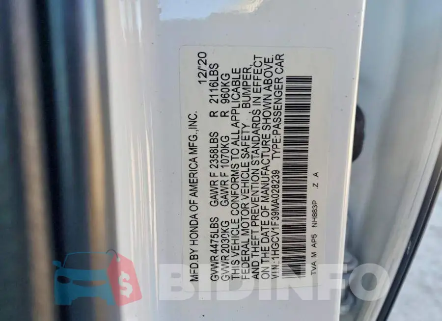 1HGCV1F39MA028239 Photo# 13