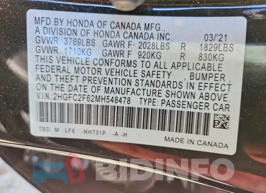 2HGFC2F62MH548478 Photo# 13