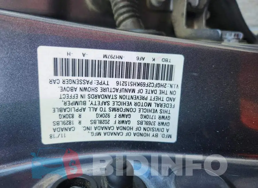 2HGFC2F69KH515216 Photo# 12