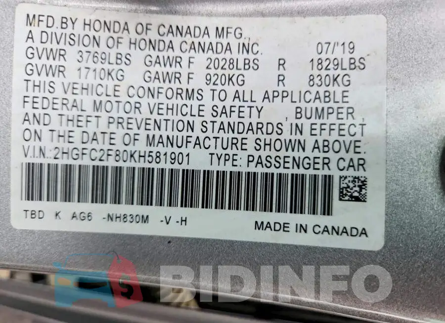 2HGFC2F80KH581901 Photo# 12