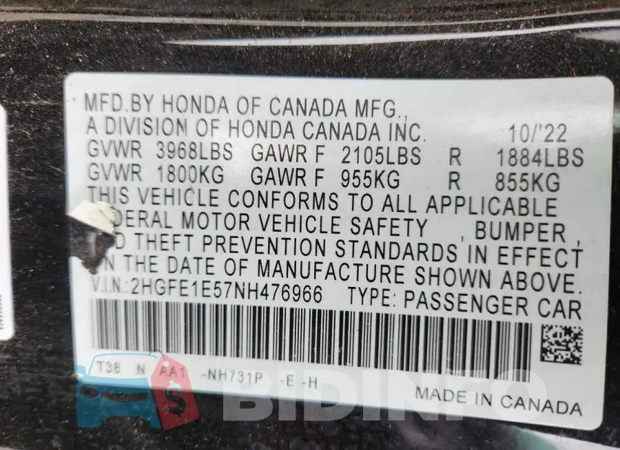 2HGFE1E57NH476966 Photo# 13