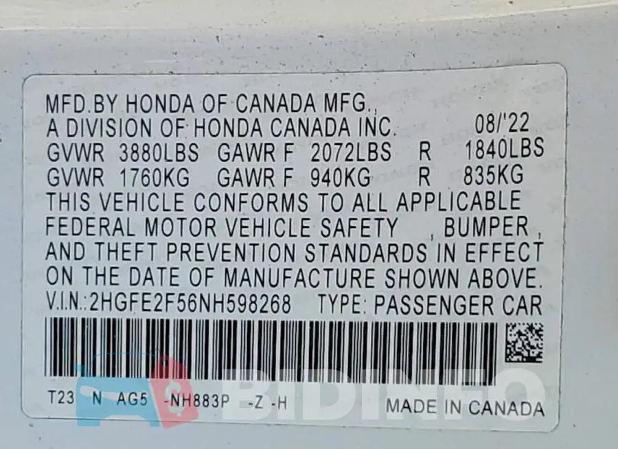 2HGFE2F56NH598268 Photo# 12