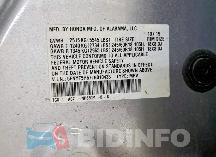 5FNYF5H57LB010433 Photo# 12