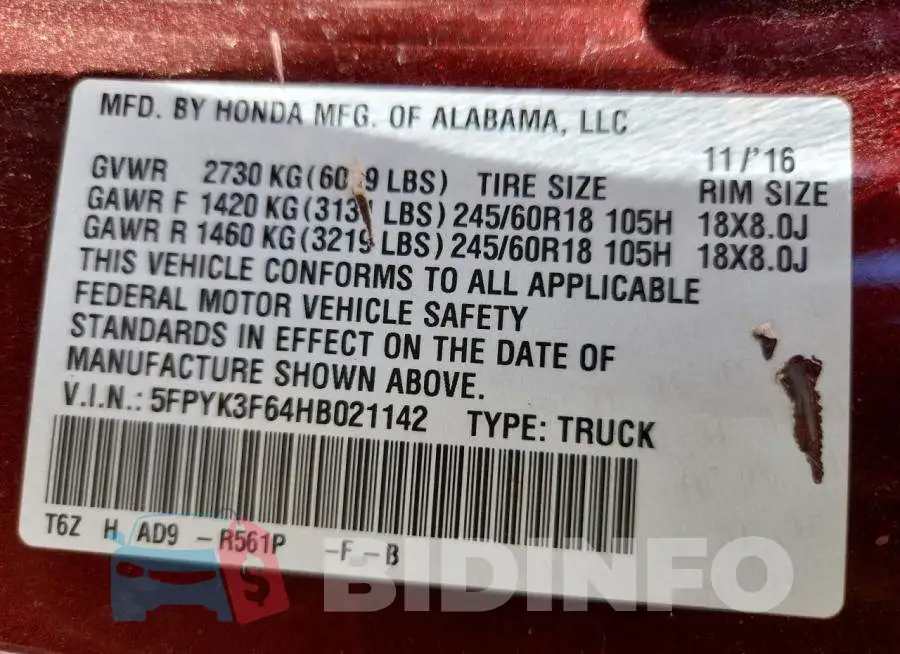 5FPYK3F64HB021142 Photo# 12
