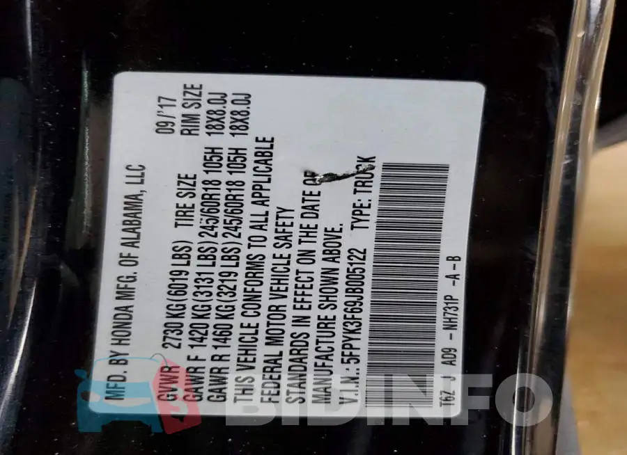 5FPYK3F69JB005122 Photo# 13