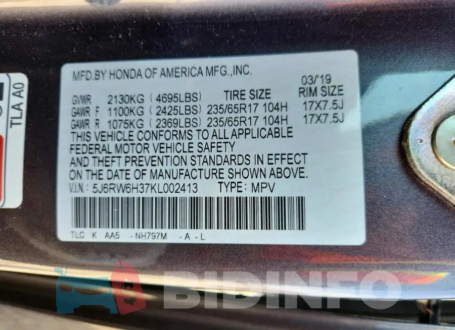 5J6RW6H37KL002413 Photo# 14