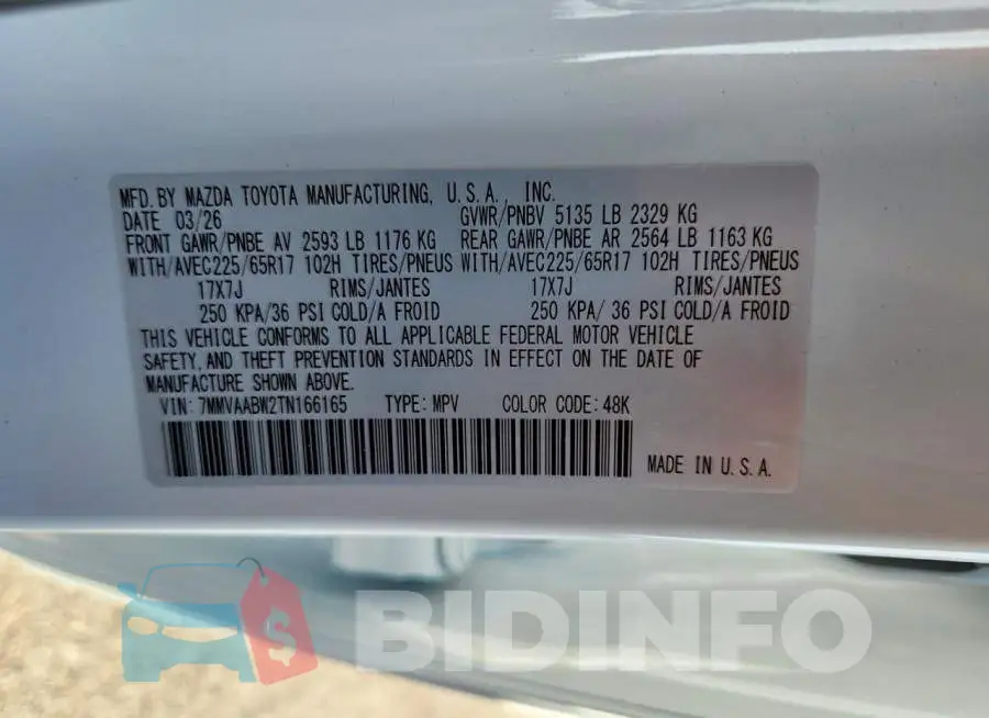 7MMVAABW2TN166165 Photo# 14