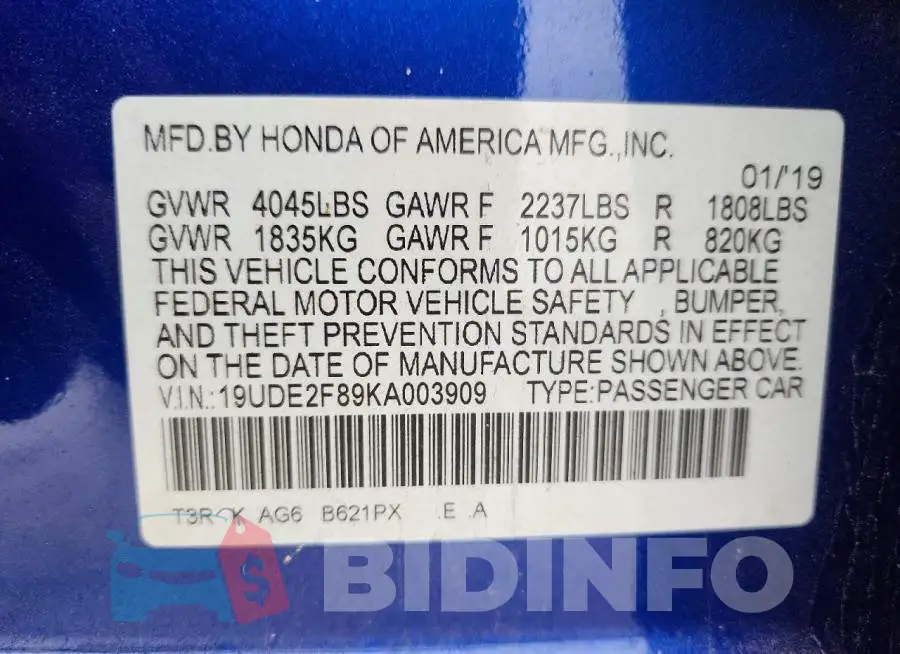 19UDE2F89KA003909 Photo# 12