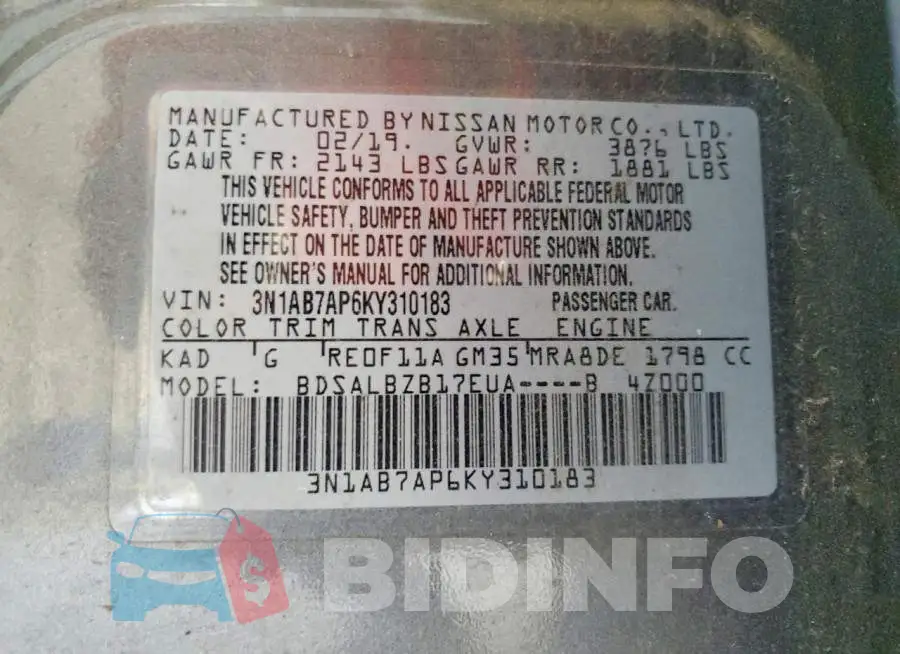3N1AB7AP6KY310183 Photo# 13