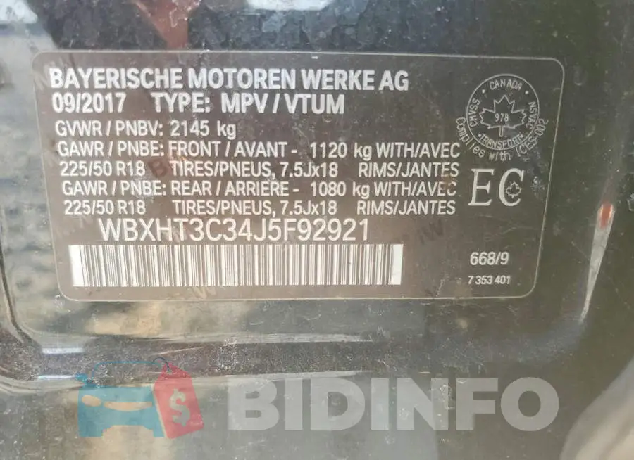 WBXHT3C34J5F92921 Photo# 13