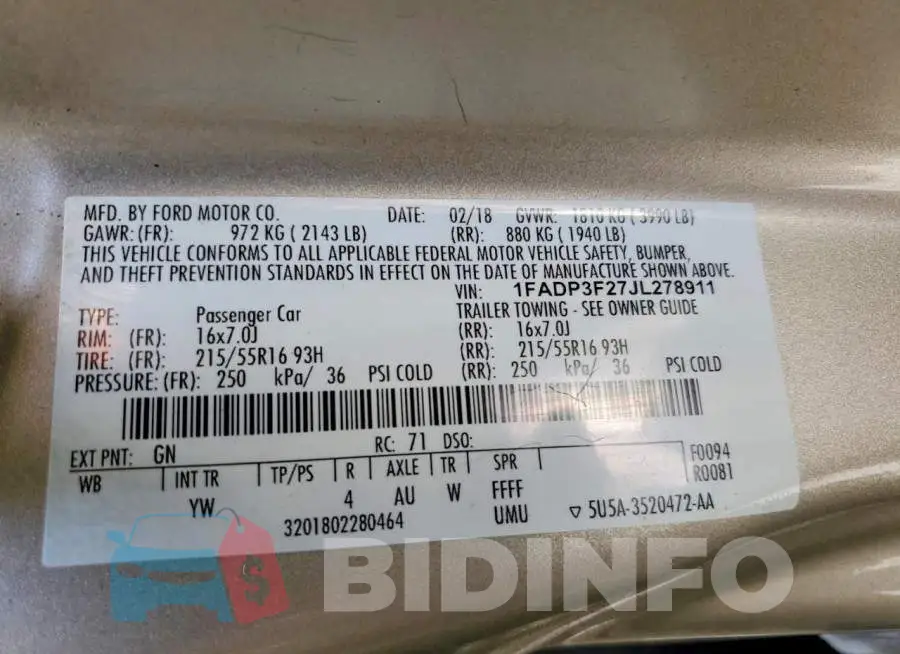 1FADP3F27JL278911 Photo# 12