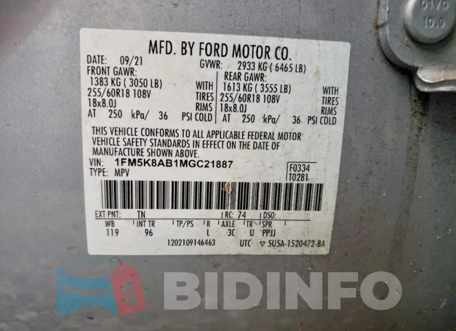 1FM5K8AB1MGC21887 Photo# 14