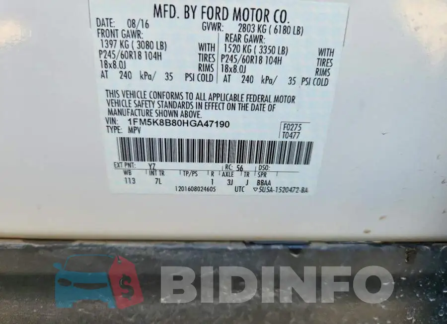 1FM5K8B80HGA47190 Photo# 13