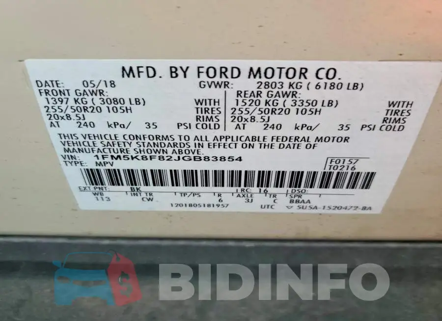 1FM5K8F82JGB83854 Photo# 13