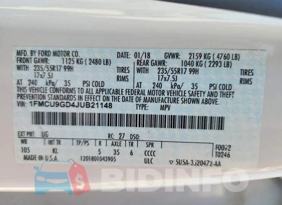 1FMCU9GD4JUB21148 Photo# 13