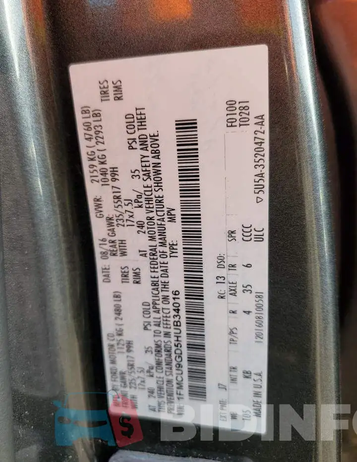 1FMCU9GD5HUB34016 Photo# 13