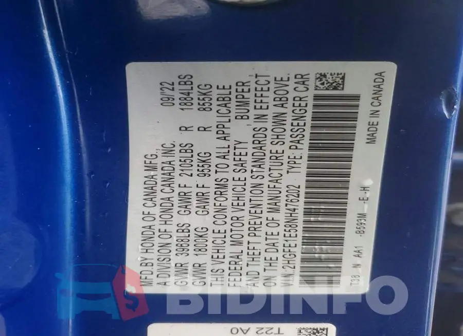 2HGFE1E58NH476202 Photo# 12