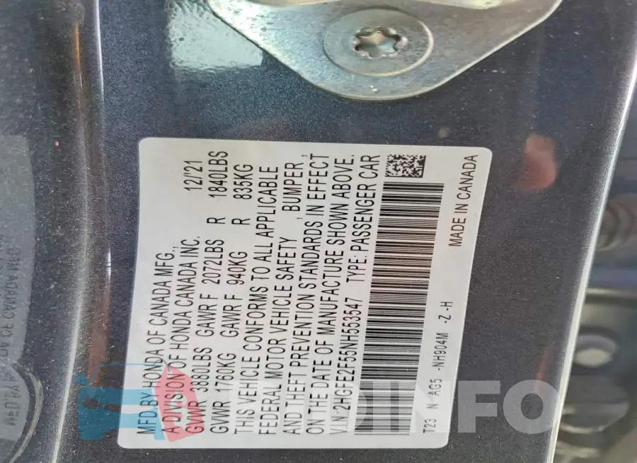 2HGFE2F55NH553547 Photo# 12