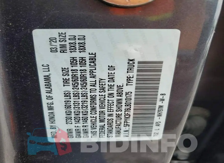 5FPYK3F76LB010175 Photo# 13