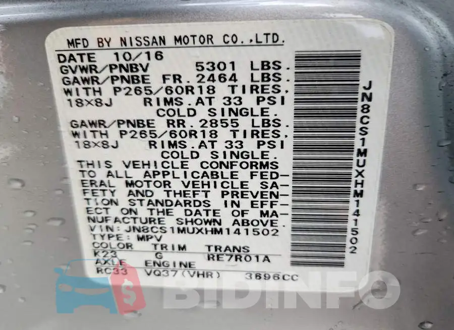 JN8CS1MUXHM141502 Photo# 13