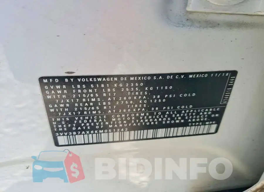 3VV3B7AX6KM051242 Photo# 13