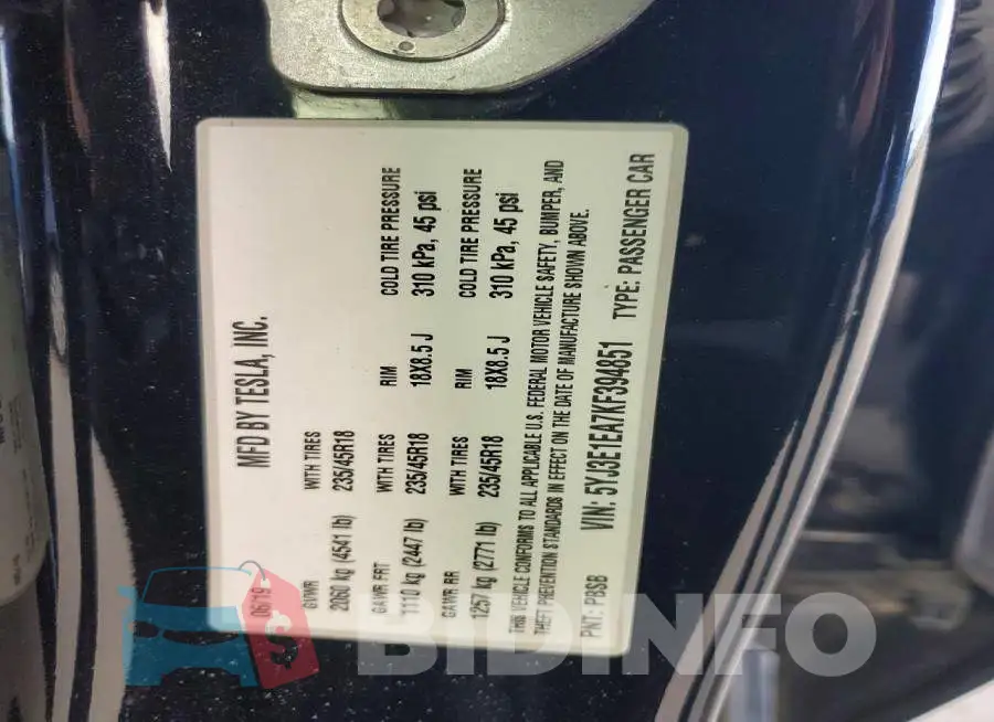 5YJ3E1EA7KF394851 Photo# 12