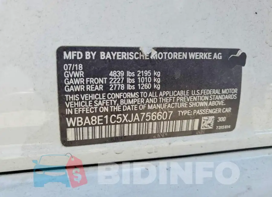 WBA8E1C5XJA756607 Photo# 12