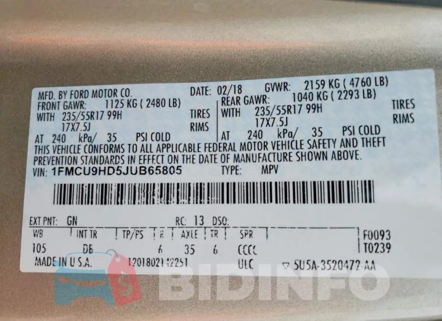 1FMCU9HD5JUB65805 Photo# 13