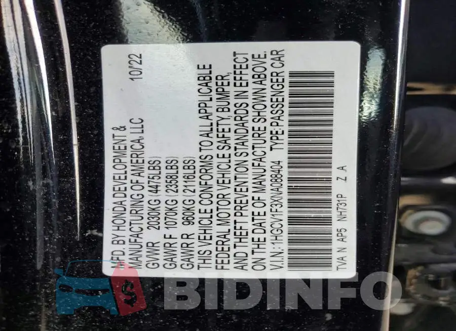 1HGCV1F3XNA088404 Photo# 13