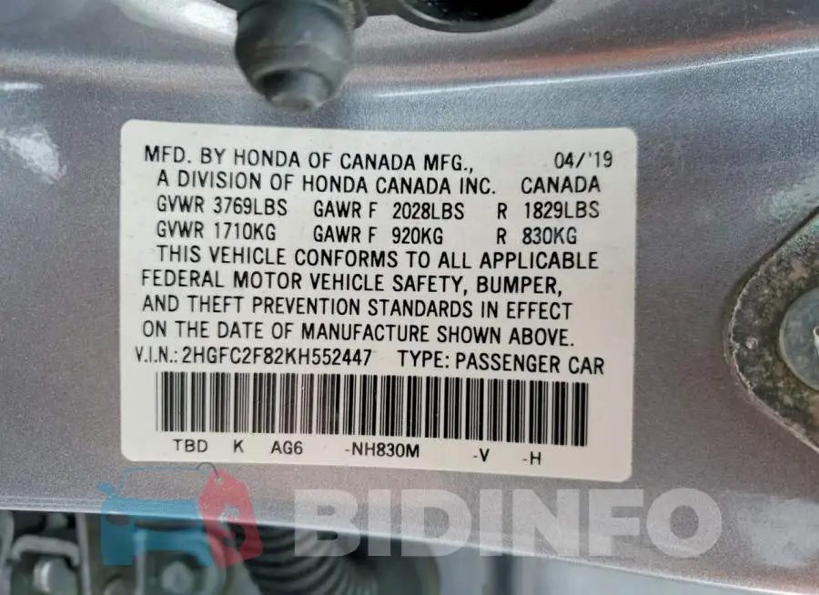 2HGFC2F82KH552447 Photo# 12