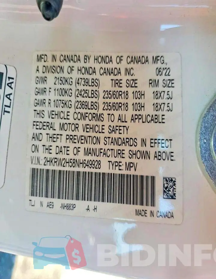 2HKRW2H58NH649928 Photo# 13