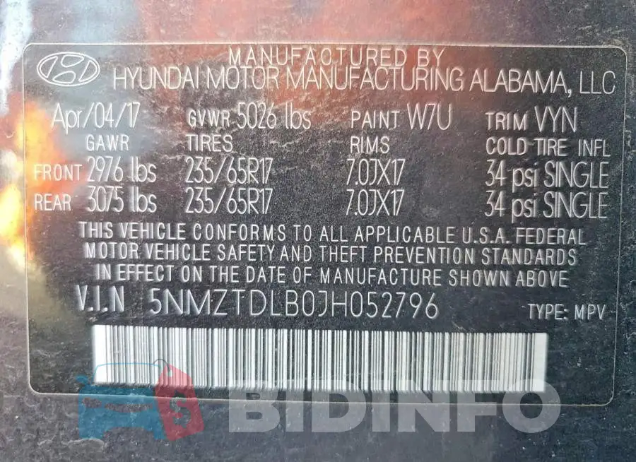 5NMZTDLB0JH052796 Photo# 13