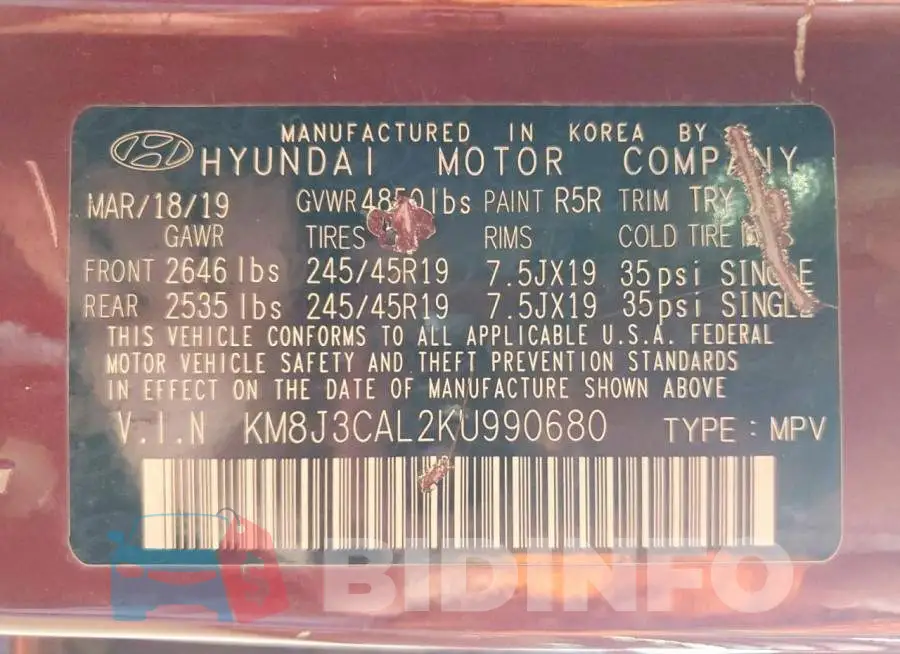 KM8J3CAL2KU990680 Photo# 13