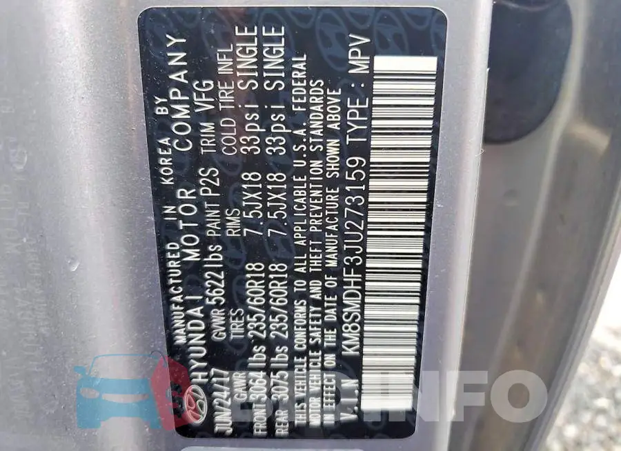 KM8SMDHF3JU273159 Photo# 14