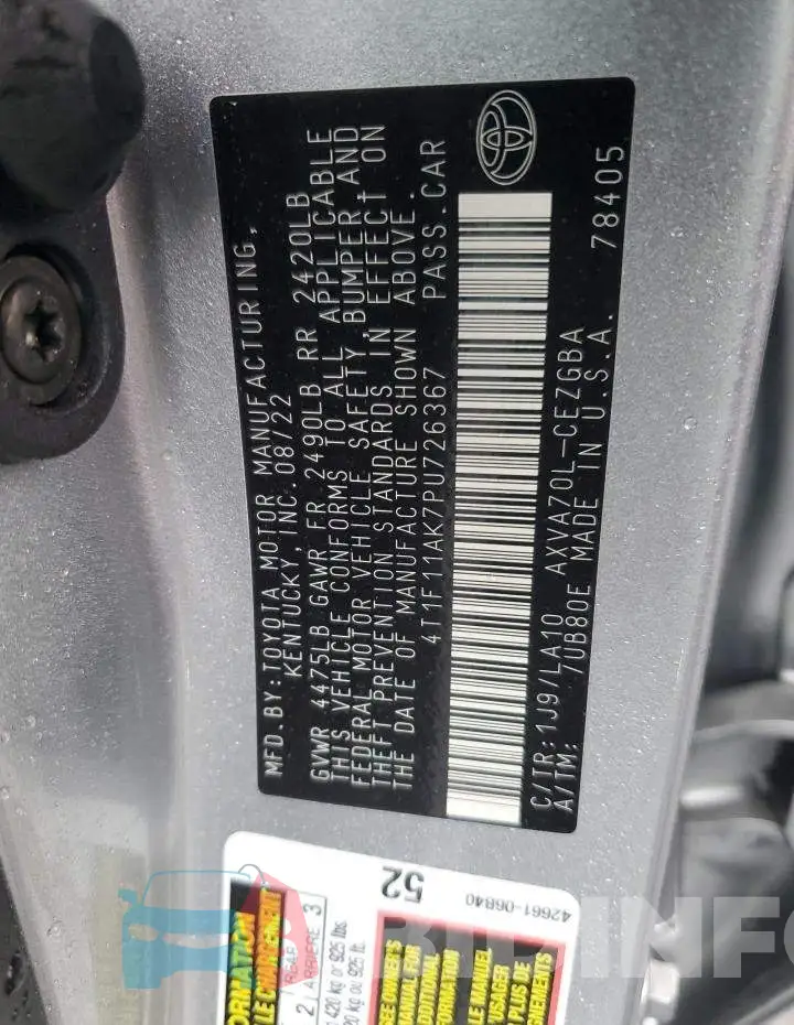 4T1F11AK7PU726367 Photo# 12
