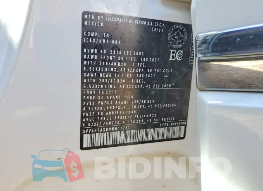 3VV4B7AX6NM007783 Photo# 13