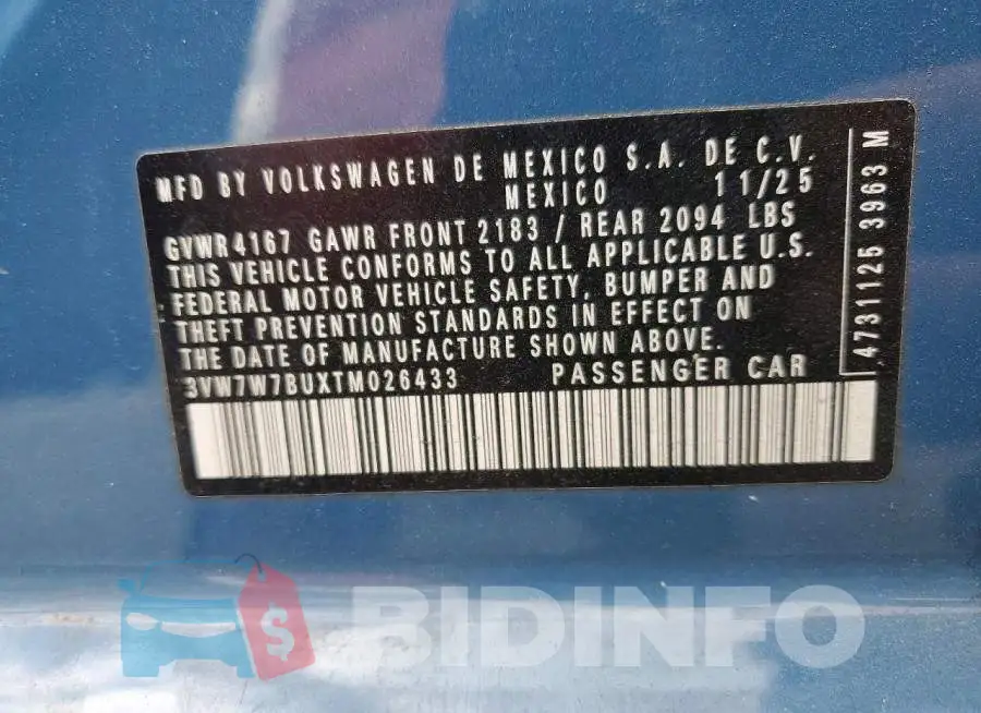 3VW7W7BUXTM026433 Photo# 12