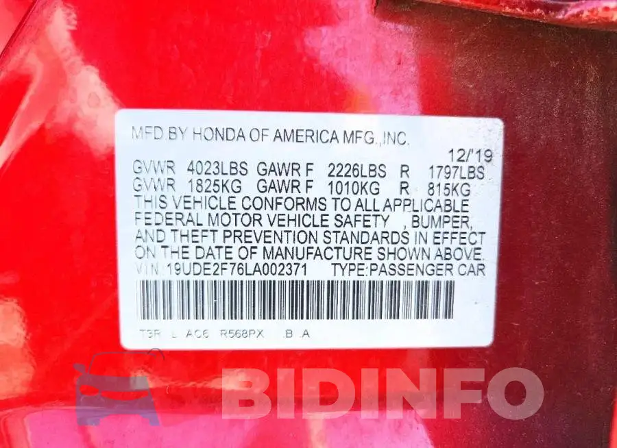 19UDE2F76LA002371 Photo# 12