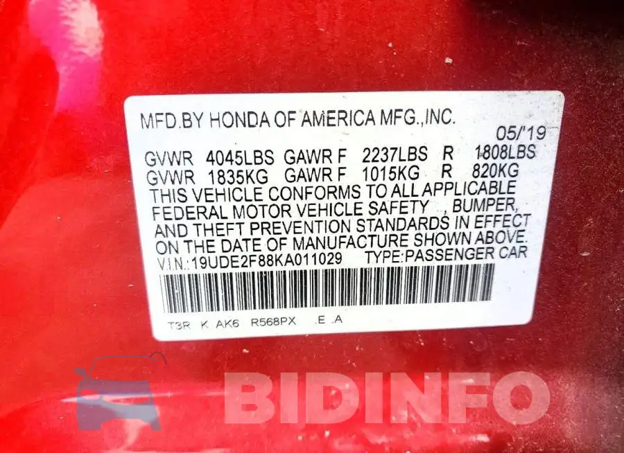 19UDE2F88KA011029 Photo# 12